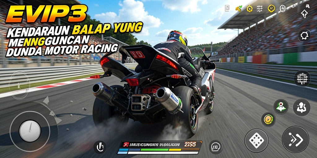 Screenshot menampilkan aksi balapan seru di EVIP3.