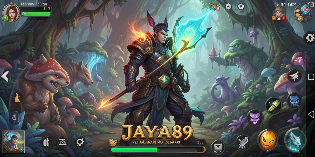 Screenshot gameplay JAYA89 menunjukkan karakter menjelajah dunia fantasi.