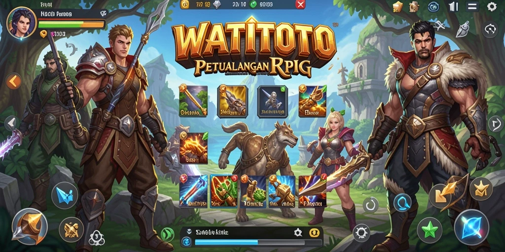 Tampilan gameplay WATITOTO dengan pertempuran epik dan karakter beragam.